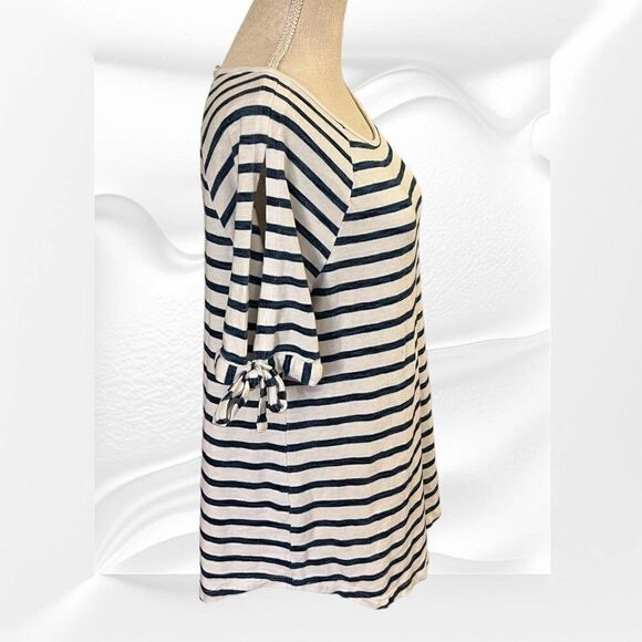 Jane & Delancey Med Elbow Sleeve Blue Stripe Top, Open Peep Shoulder w/ Bow - Picture 4 of 5